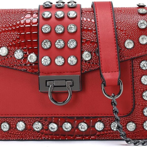 Trendy Red Crocodile Print Shoulder Bag with Buckle Closure & Chain Detail - Picture 1 of 6
